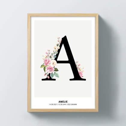 Geburtsposter "Letter" mit Blumen, individuell gestalten