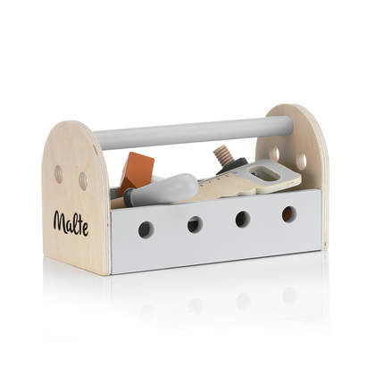 Spielzeug Werkzeugkasten aus Holz mit Namen personalisiert