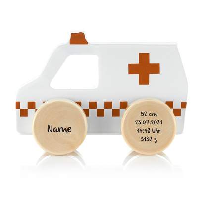 Krankenwagen aus Holz mit Namen personalisiert